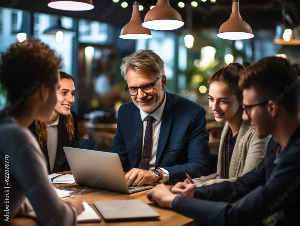 Wall mural An Older Professional Mentoring a Team of Young Techies in a Meeting | Generative AI