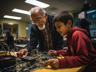 An Older Man Teaching a Young Boy How to Assemble a Computer | Generative AI
