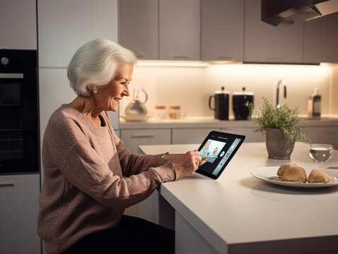 An Elderly Woman Using a Tablet to Control Smart Home Devices | Generative AI