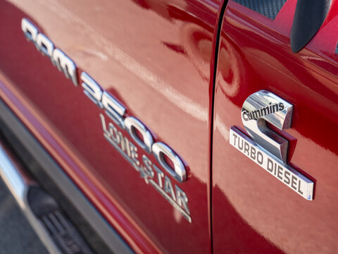 GERMANY - JUL 08, 2023: Dodge RAM 3500 Lone Star Edition Turbo Diesel Side Emblem