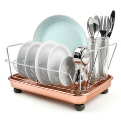 clean dishes on a stand on a white background. Generative AI