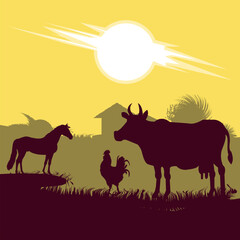Vector silhouette of farm animals at sunset. Cow, pig, horse, rooster