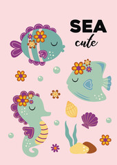 cute sea poster with fish,  sea horse