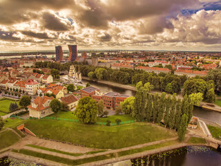 Fototapeta na wymiar Klaipeda, Lithuania: representative aerial view of Old Town in the summer