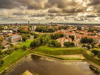 Fototapeta na wymiar Klaipeda, Lithuania: representative aerial view of Old Town in the summer