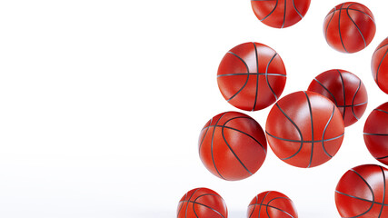 Falling realistic basketballs isolated on white background, Basketball. 3d render.