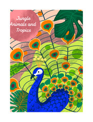 Tropical jungle poster. Abstract background with exotic bird and plants, flora and fauna. Colorful banner or cover with beautiful peacock and green monstera. Cartoon flat vector illustration