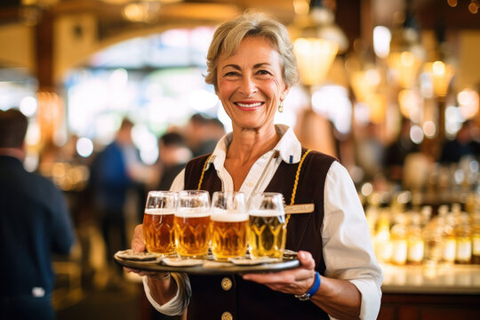 Oktoberfest Senior mature woman holding beer, Generative AI