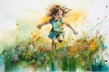 Obraz na płótnie Canvas watercolor painting of a little girl running through green meadow - generative AI