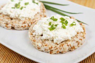 crisp breads with cottage cheese and onion choppes in rings on the white plate on the bamboo napkin