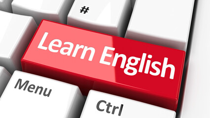 Learn English key on the computer keyboard, three-dimensional rendering, 3D illustration