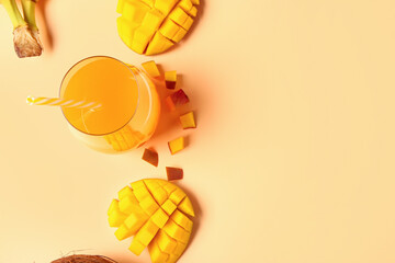 Glass of fresh mango juice on orange background