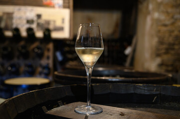 Tasting of grand cru sparkling white wine with bubbles champagne by old champagne caves in grand cru wine producer small village Cramant, Champagne, France