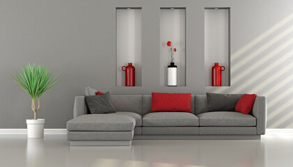 Minimalist living room with modern sofa and three niche - 3d rendering