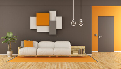 Brown and orange modern living room with pallet sofa,wall unit and closed door - 3d rendering