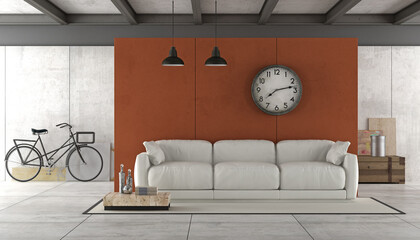 Loft interior with white sofa and bicycle on background - 3D Rendering