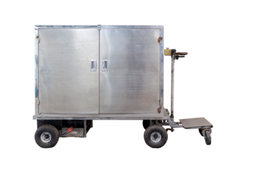 The hospital delivery vehicle has a standing platform at the back powered by electric power.