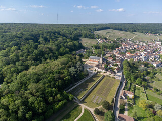 Panoramic aerial view on green premier cru champagne vineyards near village Hautvillers  and Marne river valley, Champange, France