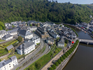 Aerial view on medieval town Bouillon with fortified castle, Luxembourg province of Wallonie, Belgium