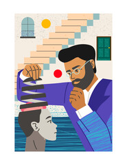 Poster with psychology. Abstract background with psychologist treats patient mental problem. Anxiety, depression and apathy concept. Psychedelic cover with psychiatry. Cartoon flat vector illustration