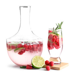 Glass and bottle of fresh raspberry lemonade with rosemary on white background