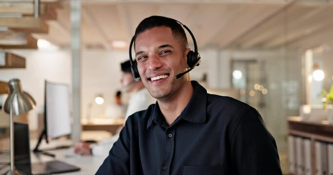 Call center, customer service and computer with a consultant man in the office for assistance. Portrait, contact us and support with a male telemarketing agent working in an outsourcing company