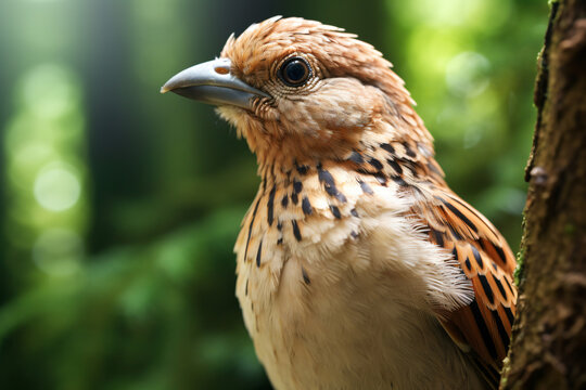 photo of a Turtledove face against a green forest background