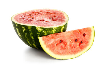 Half of fresh watermelon with piece on white background