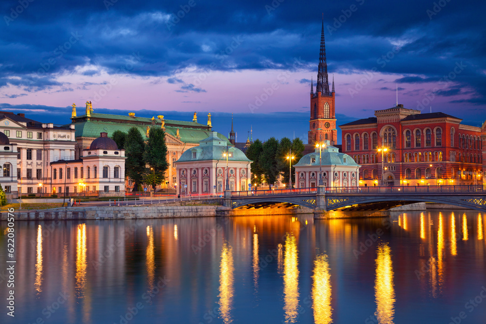 Wall mural image of stockholm, sweden during twilight blue hour.