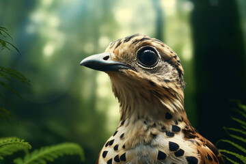 photo of a Turtledove face against a green forest background