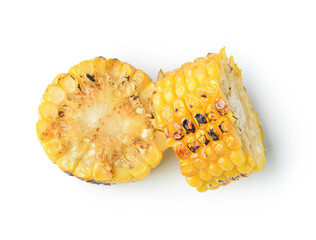 Cut tasty grilled corn cob on white background