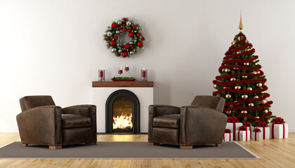 Classic christmas room with fireplace, xmas tree and two armchair - 3d rendering