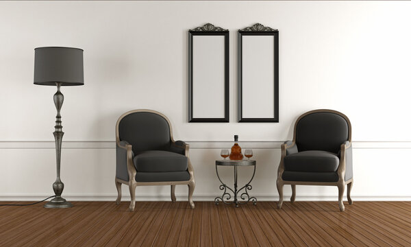 Black and white classic living room with two armchairs - 3d rendering