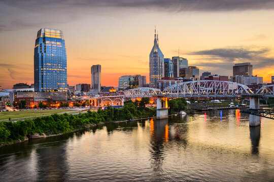 Nashville, Tennessee downtown skyline at Shelby Street Bridge.