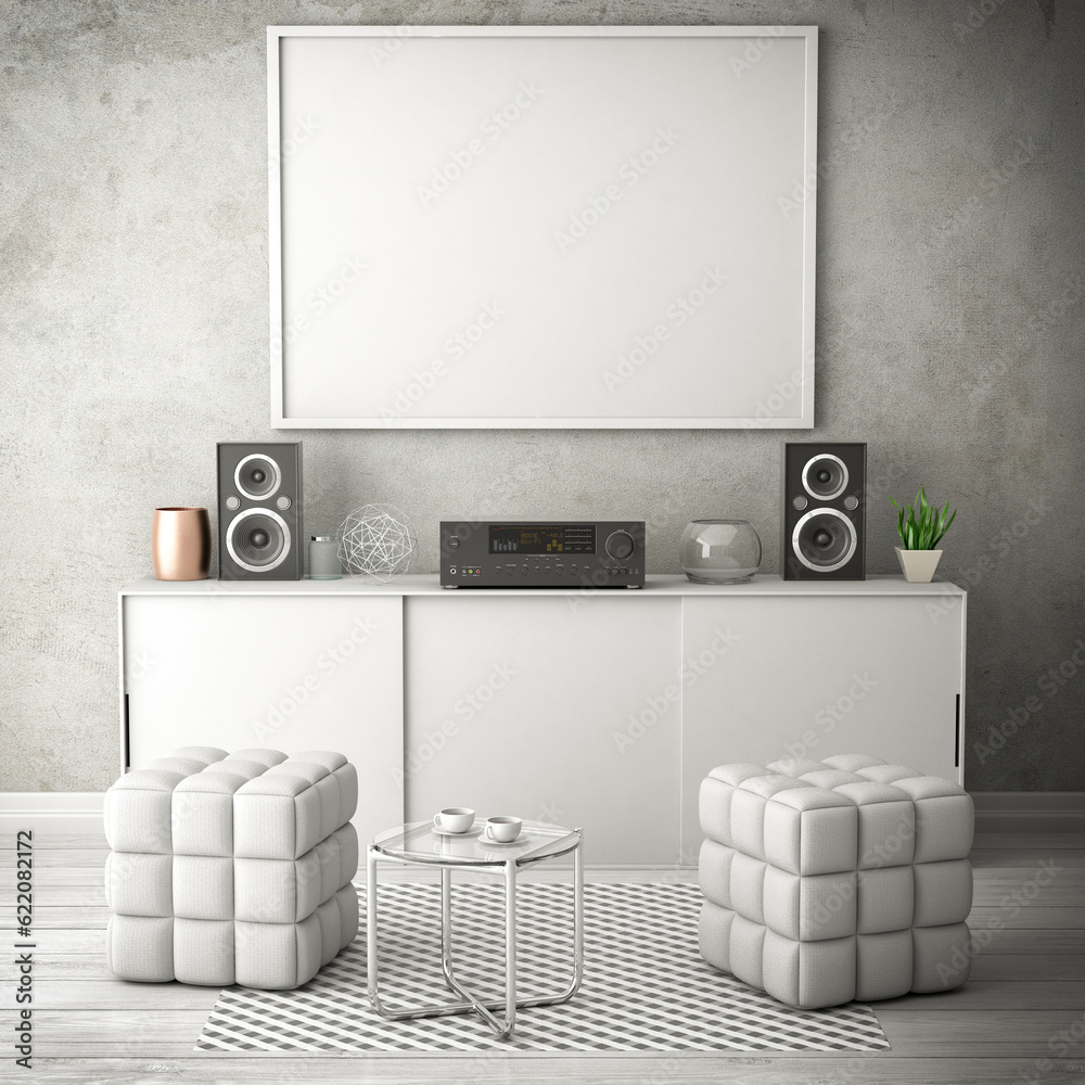 Wall mural living white room 3d illustration