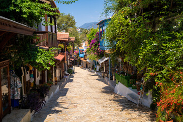 Narrow cobbled street in the Old Town of Kas, Antalya.