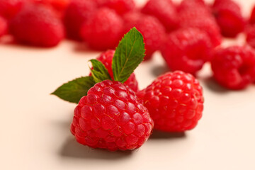 Fresh raspberries and mint on pink background