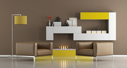 Modern living room with armchairs and ecological fireplace - 3d rendering