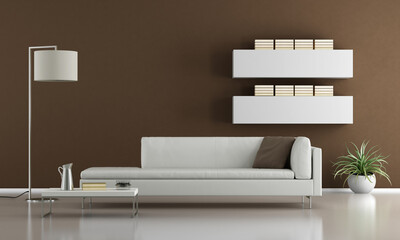 Fototapeta na wymiar Contemporary brown living room with white sofa - 3d rendering