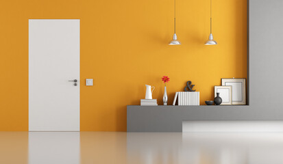 Gray and orange modern living room with white close door 3d rendering