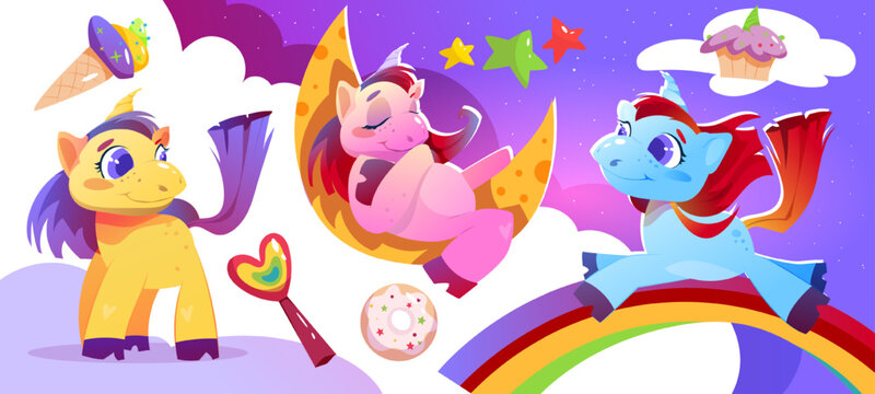 Poster with cute unicorns. Fairytale unicorns and ponies, rainbow and clouds. Magic horse character from bedtime stories. Childish design for wallpaper and background. Cartoon flat vector illustration