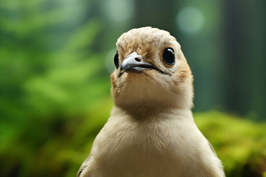 photo of a doves face against a green forest background