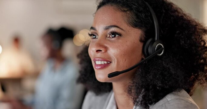 Call center, support and headset with an african woman consultant talking on a call for help or assistance. Customer service, lead generation or insurance with a female employee working in sales