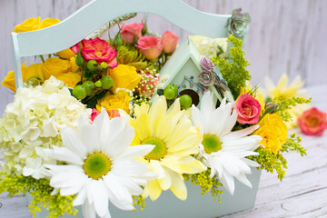 bouquet of flowers, bird house, flower arrangement, spring, flowers, decorated box, DIY, 
country painting