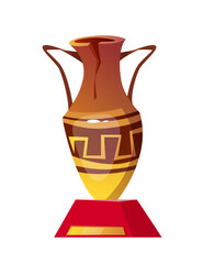 Historical museum element. Sticker with antique marble vase or jug with ancient Greek or Roman ornament. Exhibit with earthenware. Cartoon flat vector illustration isolated on white background