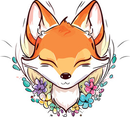 Fox Surrounded by a Colorful Watercolor Flower Medley