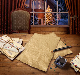 Christmas wish present list letter to Santa, winter background
