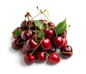 Many red sweet cherries on white background
