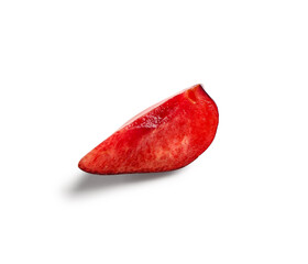 Piece of red sweet cherry on white background
