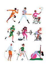 Sports activity set. People with disabilities play football and soccer, run, play tennis, jump rope and do yoga. Characters engaged in gym and fitness. Cartoon flat vector isolated on white background
